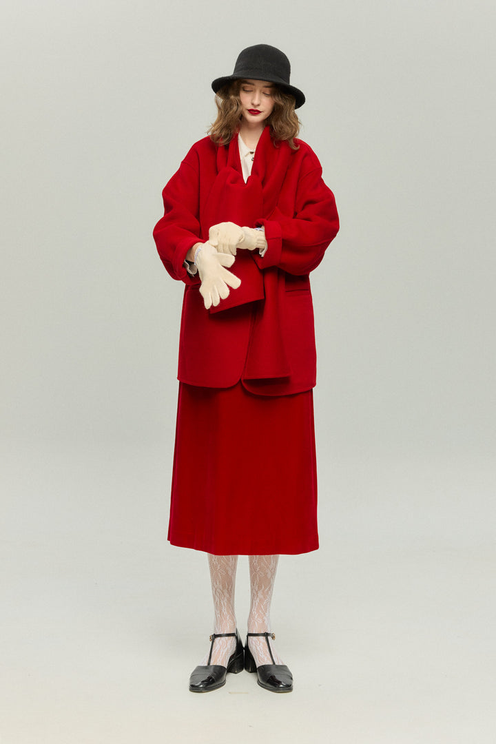 《クリスマスツリーのサイズはどれにする？》ストール風カラーデザインアウター-Red