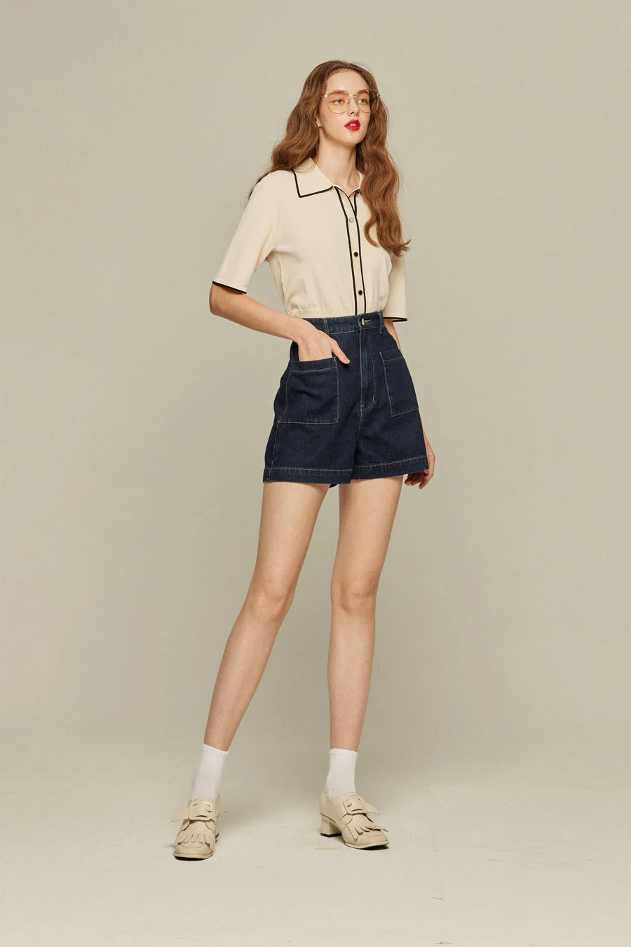 《Where can I find free sweets?》High waist short denim pants-Navy