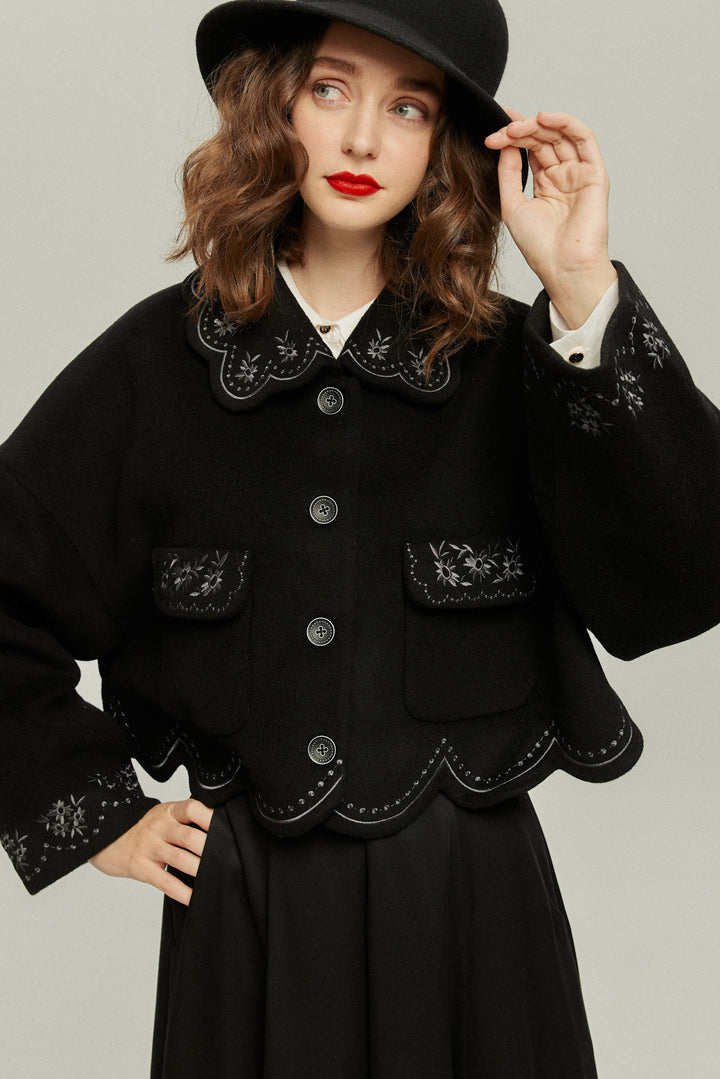 [I became a butterfly] Scallop design coat-Black