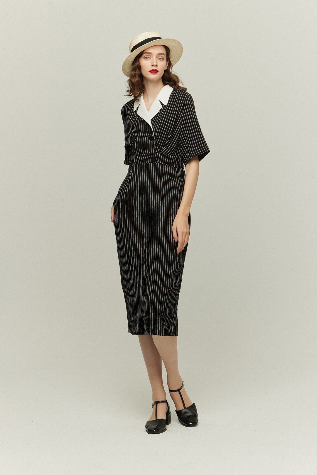《ジェシカの陰謀》ダブルブレストストライプパターンドレス-White Stripe