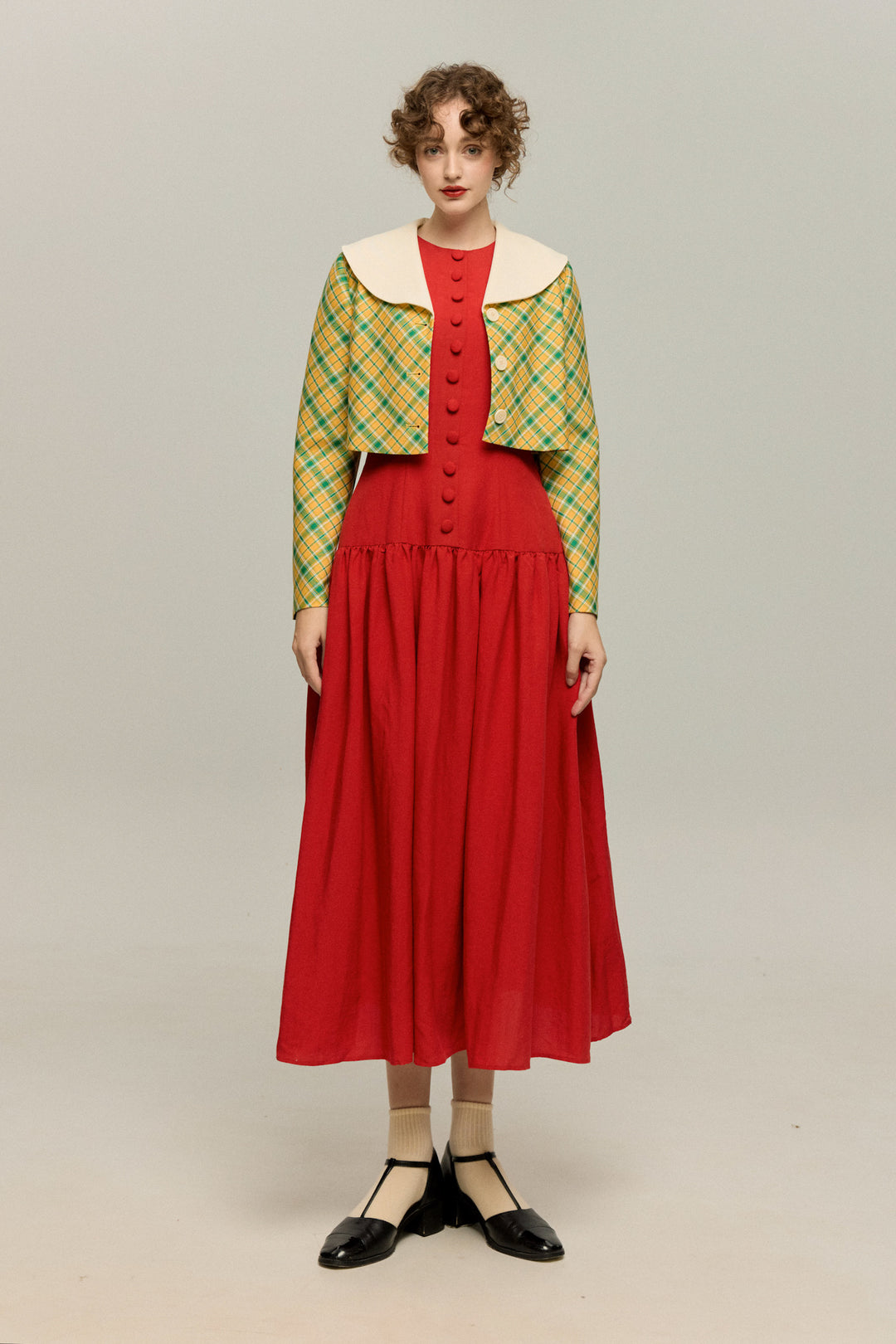 《どんな形のパスタ？》ダブルブレストチェックトップス-Red