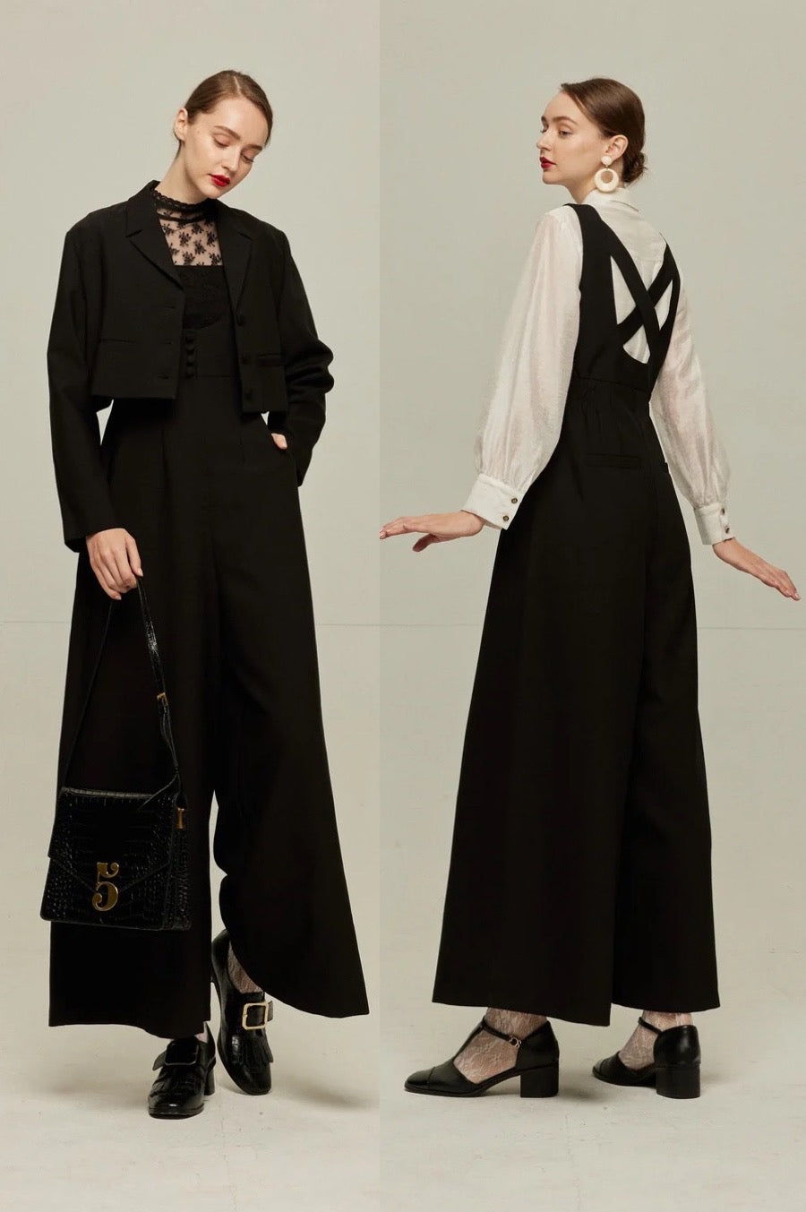 《Lucky Charm Hidden Under the Pillow》 High waist design back cross overalls - Black