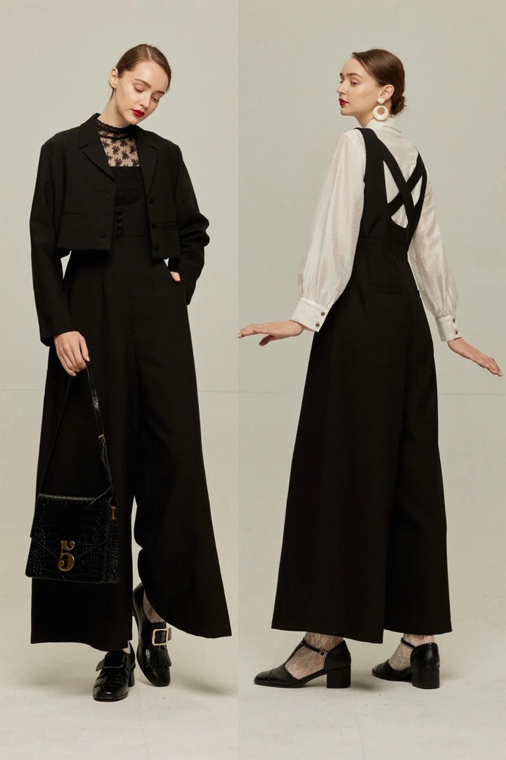 《枕の下に隠したラッキーチャーム》ハイウエストデザインバッククロスサロペット-Black