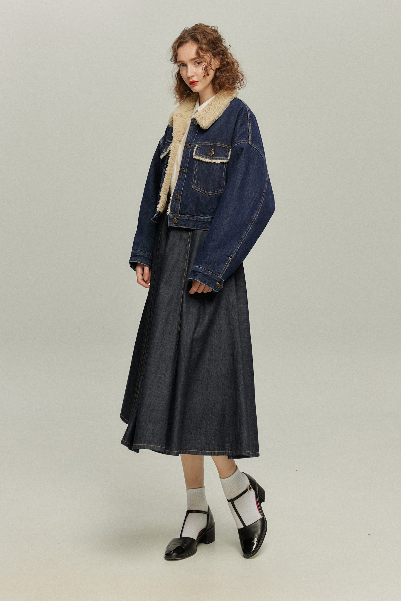 《犬のバルーンアート》ボアデニムジャケット-Navy