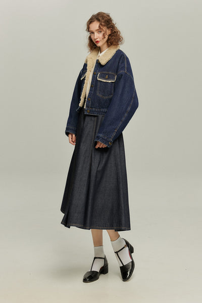 《犬のバルーンアート》ボアデニムジャケット-Navy