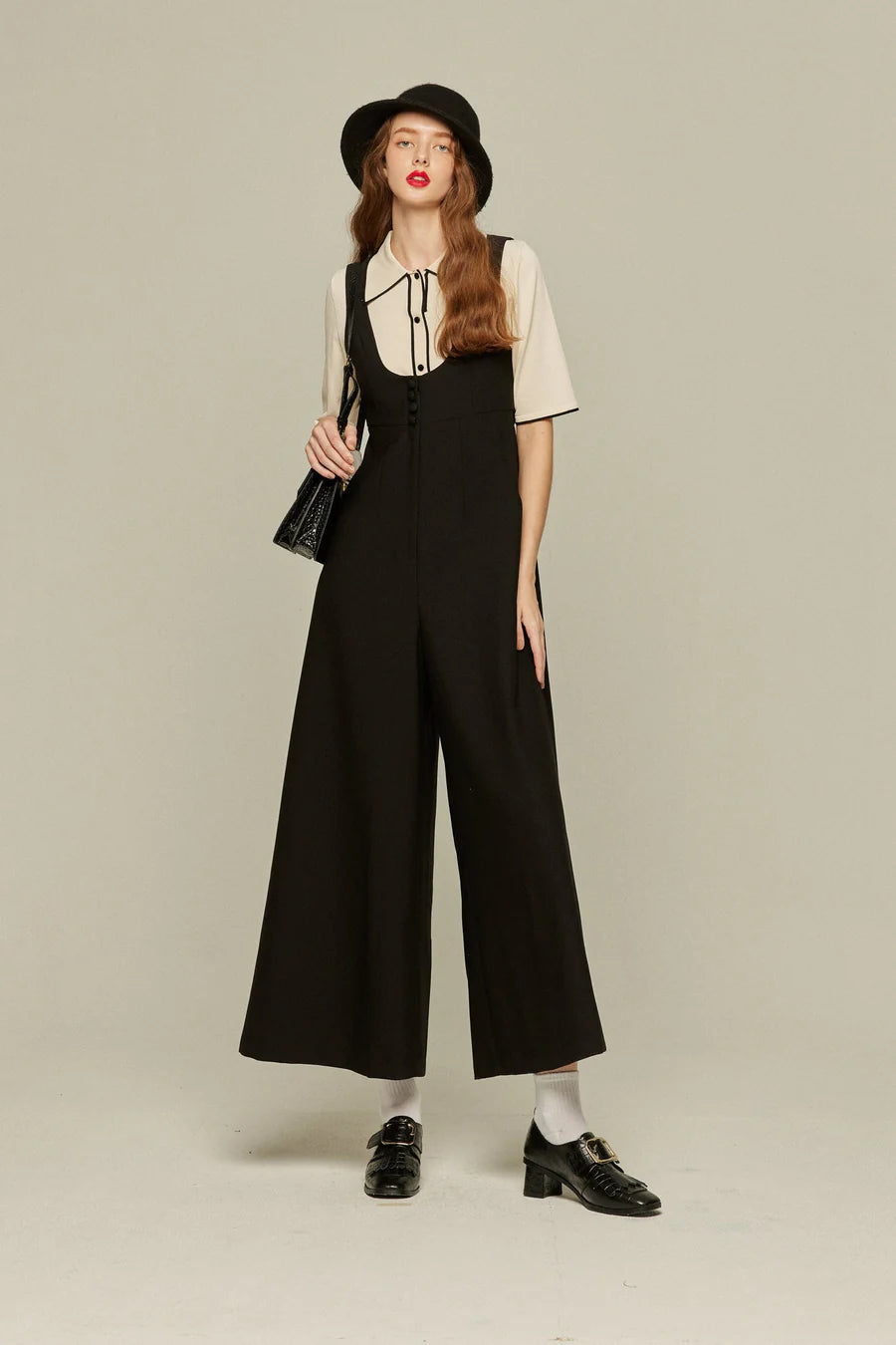 《Lucky Charm Hidden Under the Pillow》 High waist design back cross overalls - Black