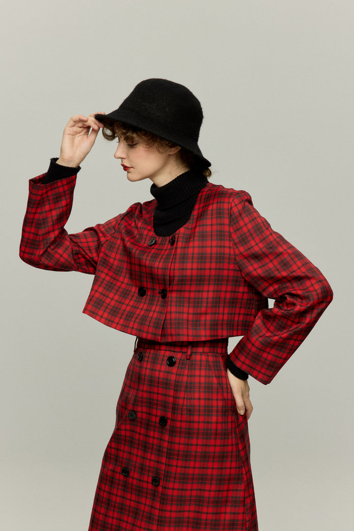 《どんな形のパスタ？》ダブルブレストチェックトップス-Red