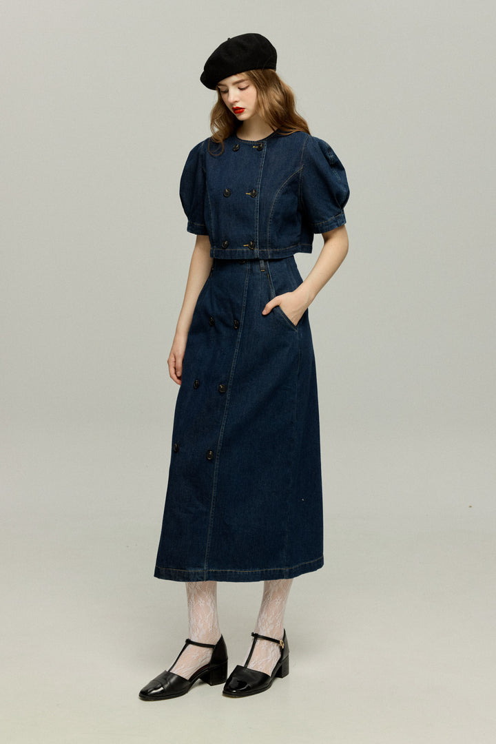 《犬九匹まとめてお散歩中》ダブルブレストハイウエストデニムスカート-Navy