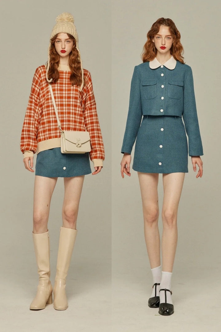 《Handy with a Knife and Fork》 High waist short skirt-Blue