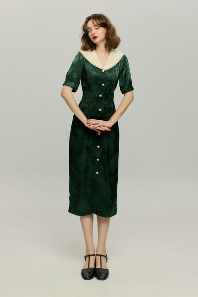 《一籠の包子は何個？》レーストリムジャガードワンピース-Green