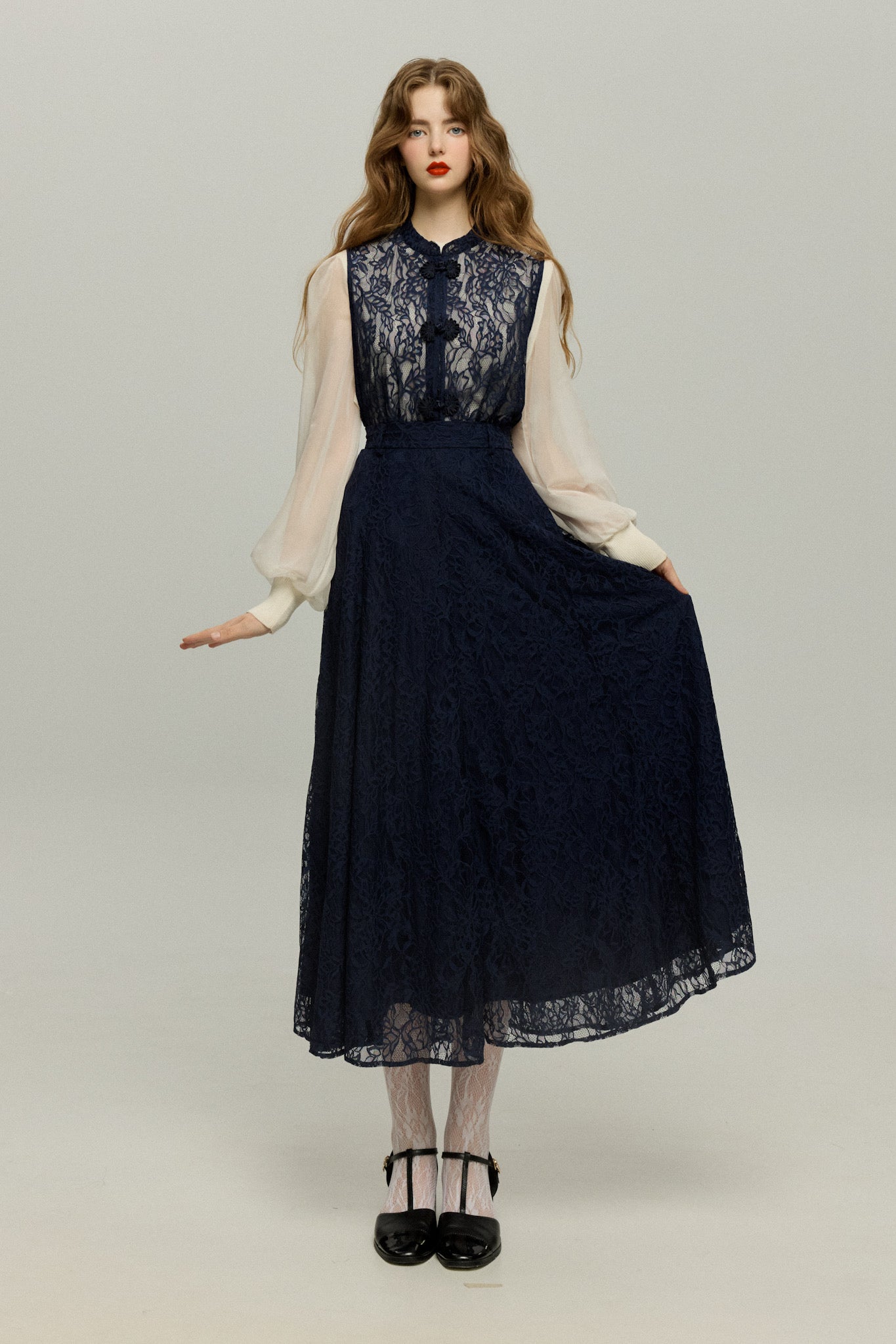 100年も前からある》ハイウエストフレアレーススカート-Navy – Tnewties