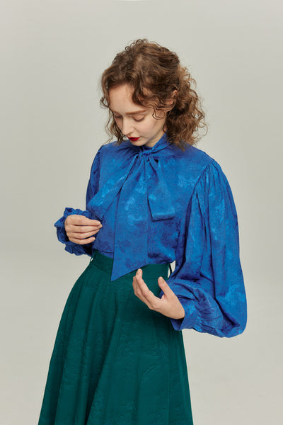 《ソファーにワックスする日》バルーンスリーブリボンタイトップス-Blue