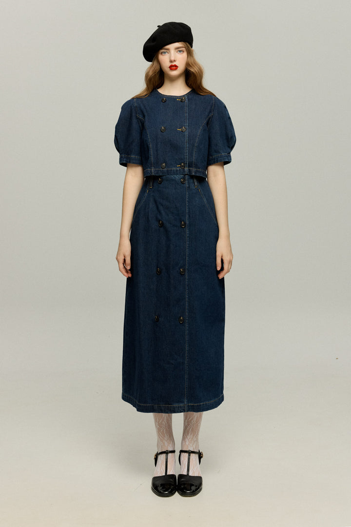 《犬九匹まとめてお散歩中》ダブルブレストハイウエストデニムスカート-Navy