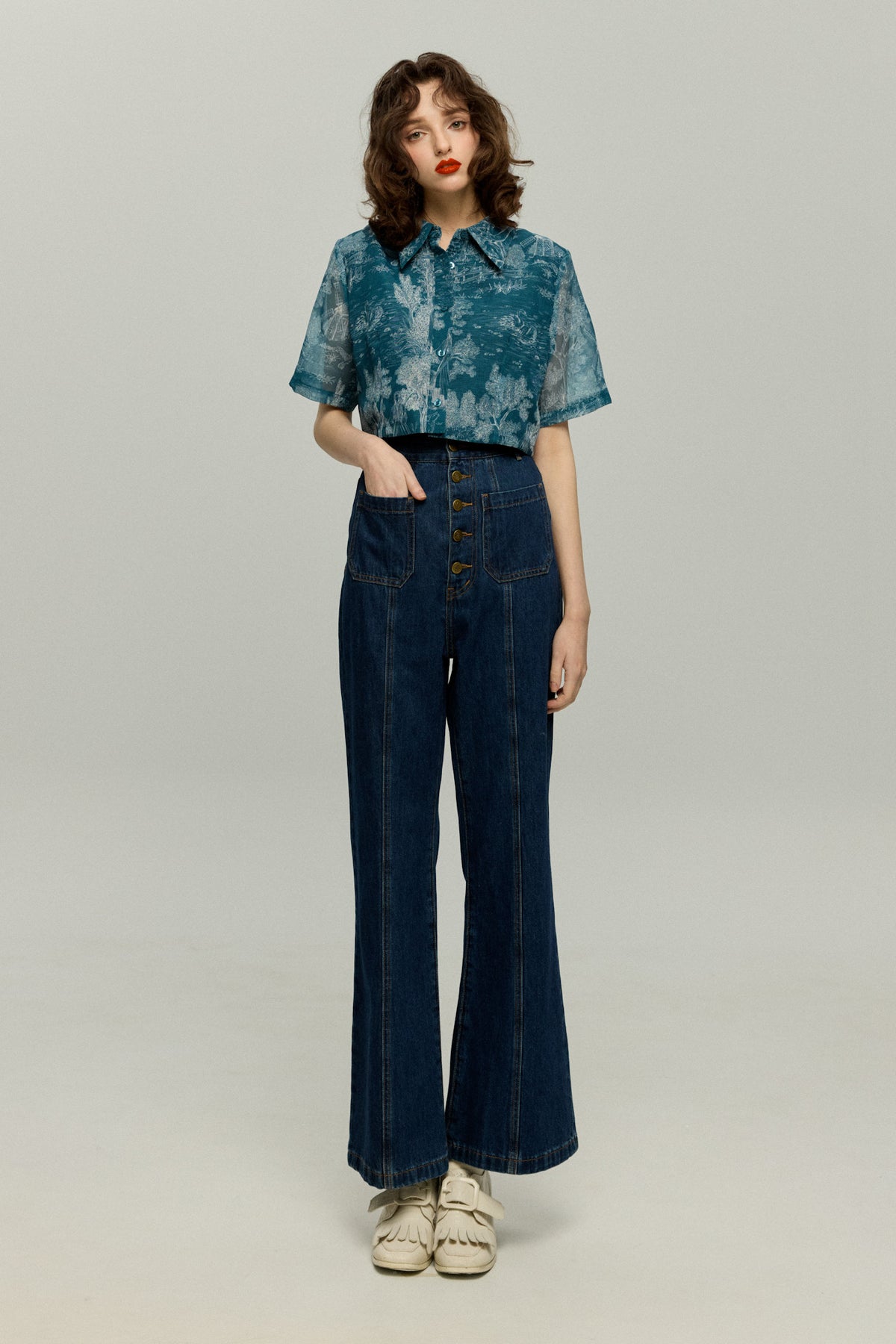 《Annie singing while taking a bath》 Front button high waist denim pants - Navy