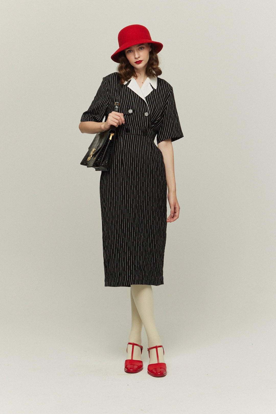 《ジェシカの陰謀》ダブルブレストストライプパターンドレス-White Stripe