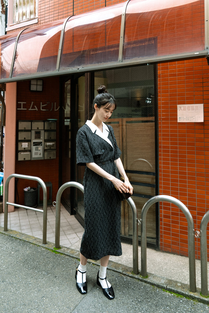 《ジェシカの陰謀》ダブルブレストストライプパターンドレス-White Stripe