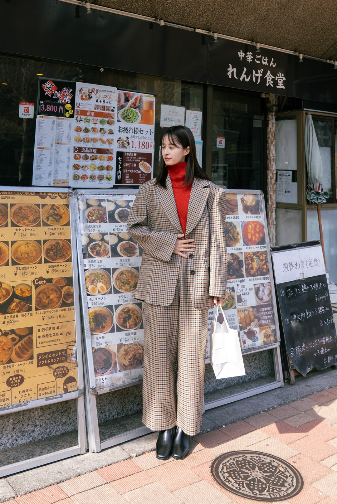 《テディベアの耳をちくちく直す》ハイウエストワイドチェックパンツ-Brown