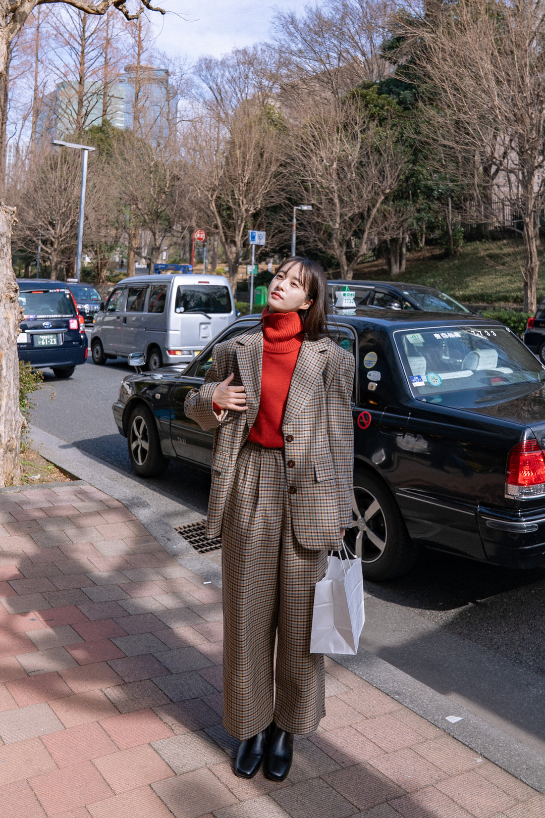 《テディベアの耳をちくちく直す》ハイウエストワイドチェックパンツ-Brown