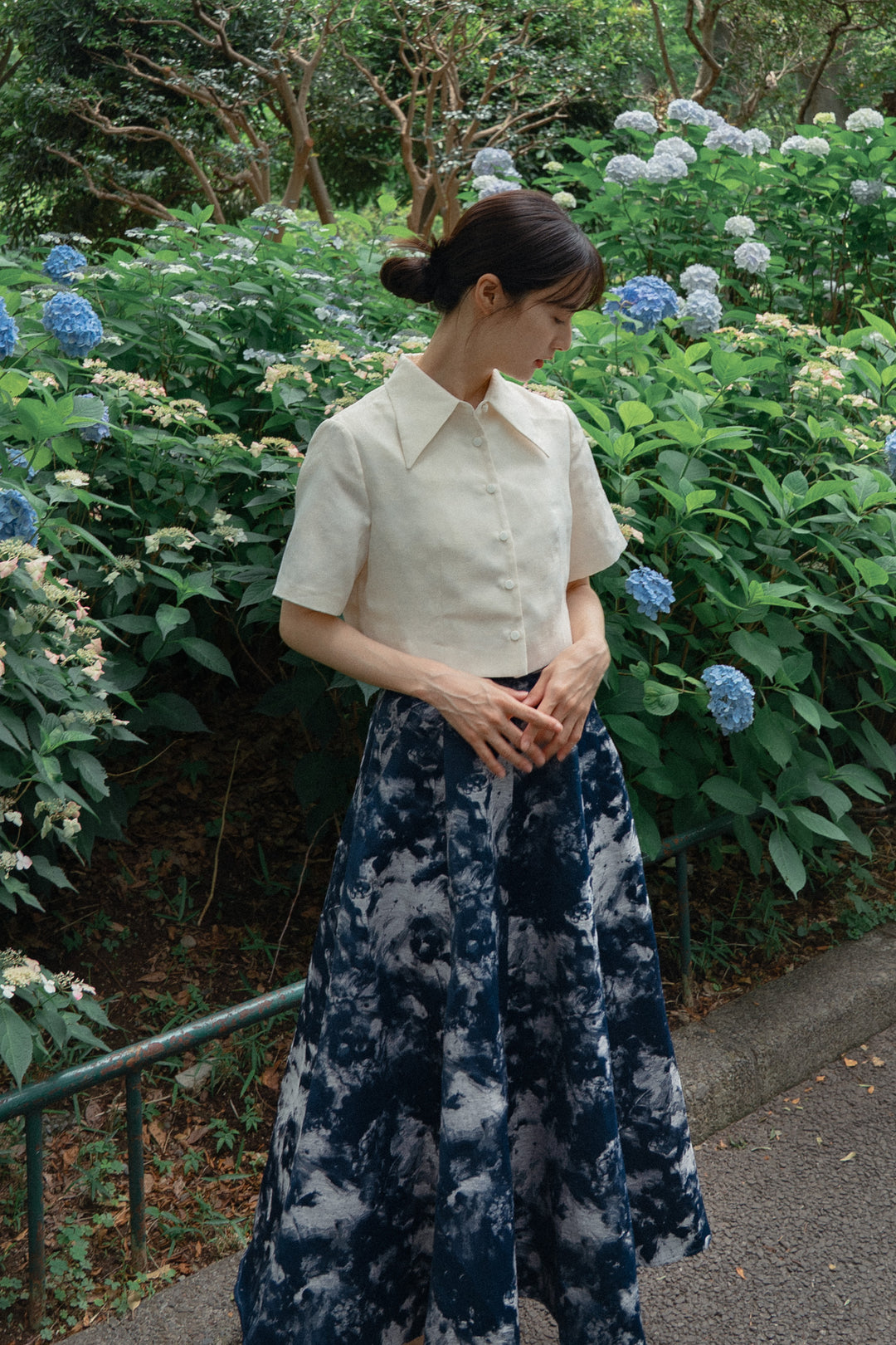 《まずは目隠しをしよう》シノワズリジャガードハイウエストスカート-Navy