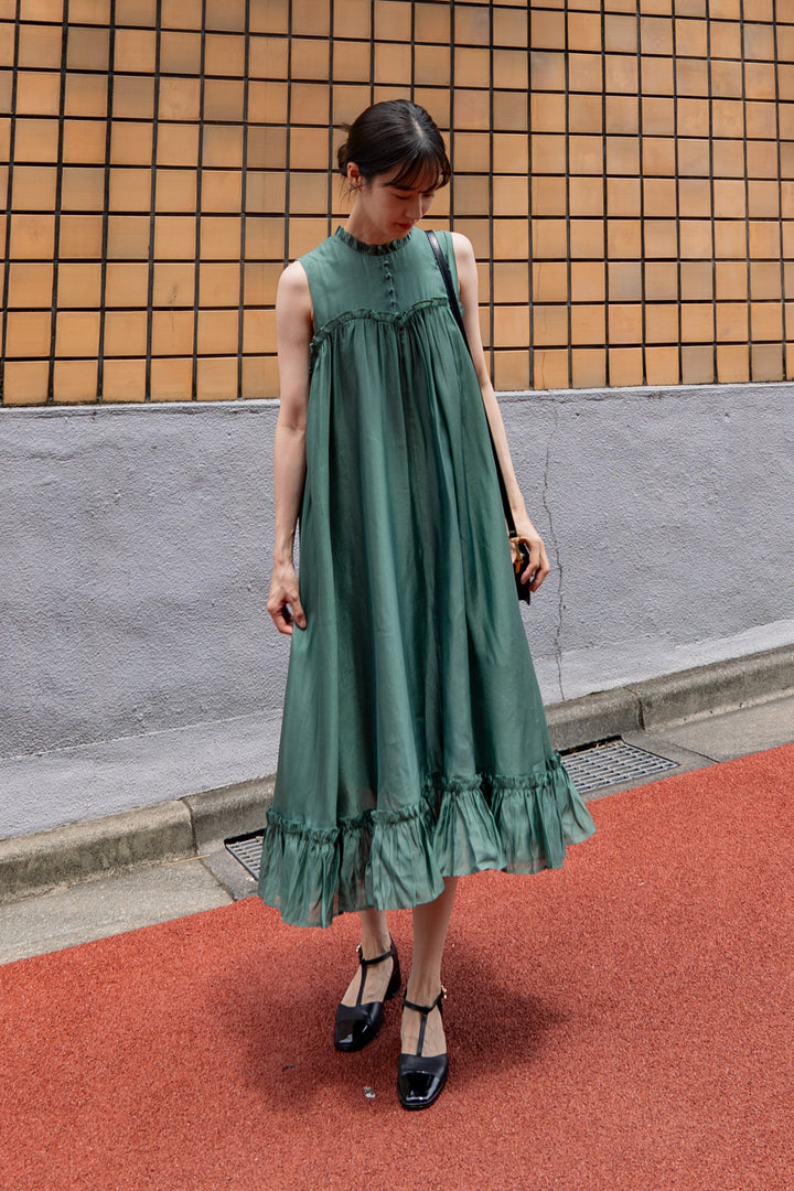 《キラキラ輝く湖面に》ラッフルトリムドレス-Dark green