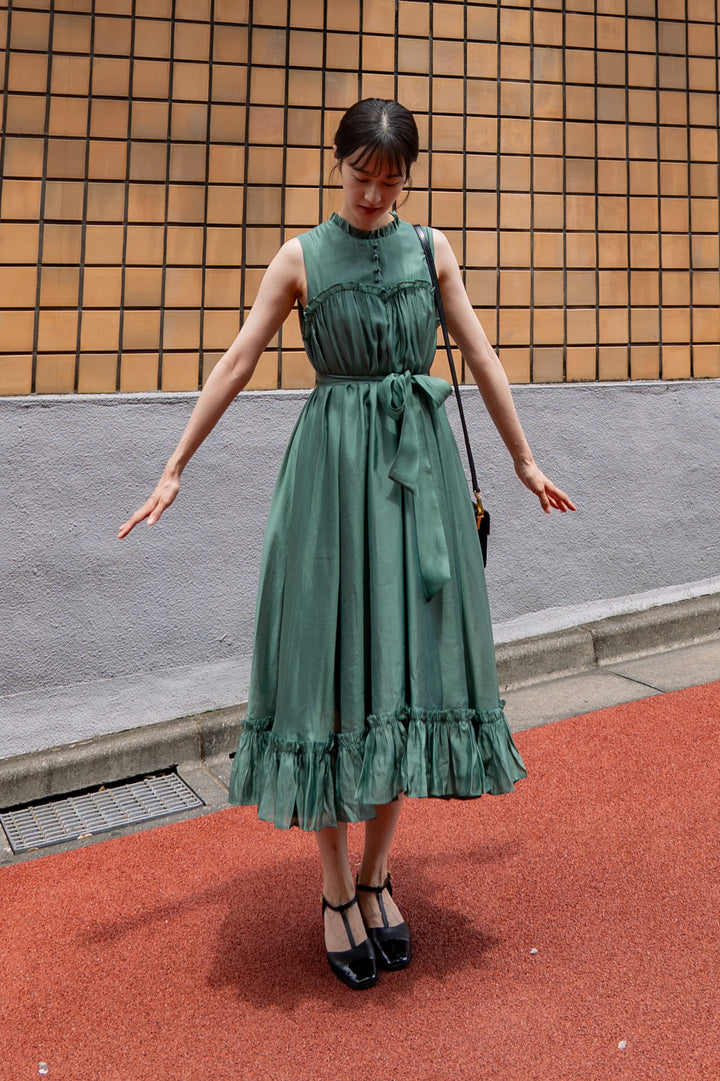 《キラキラ輝く湖面に》ラッフルトリムドレス-Dark green