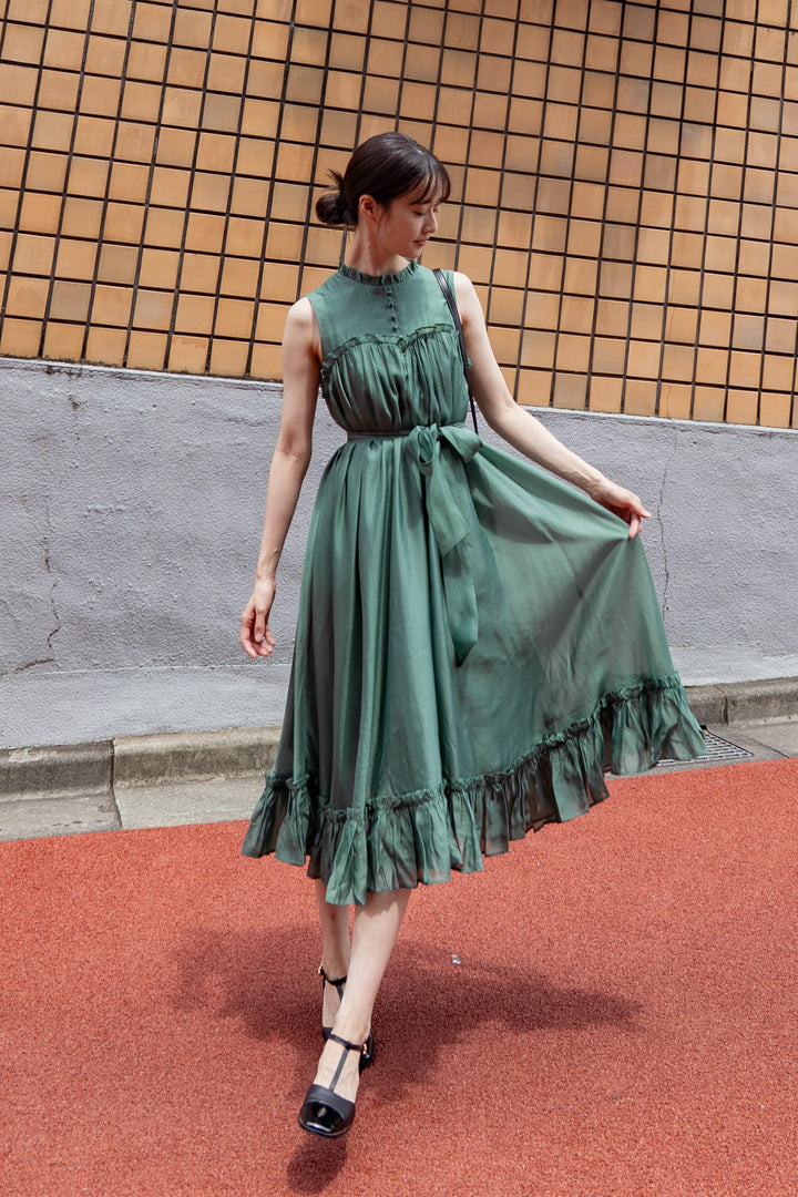 《キラキラ輝く湖面に》ラッフルトリムドレス-Dark green