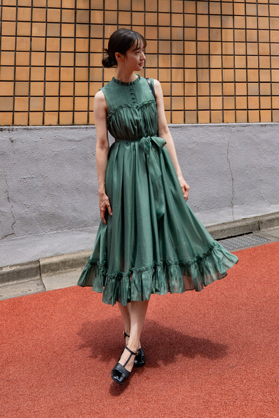 《キラキラ輝く湖面に》ラッフルトリムドレス-Dark green