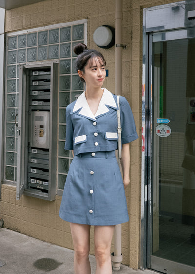 《超能力者のニコル》ロールアップスリーブチェックトップス-Blue