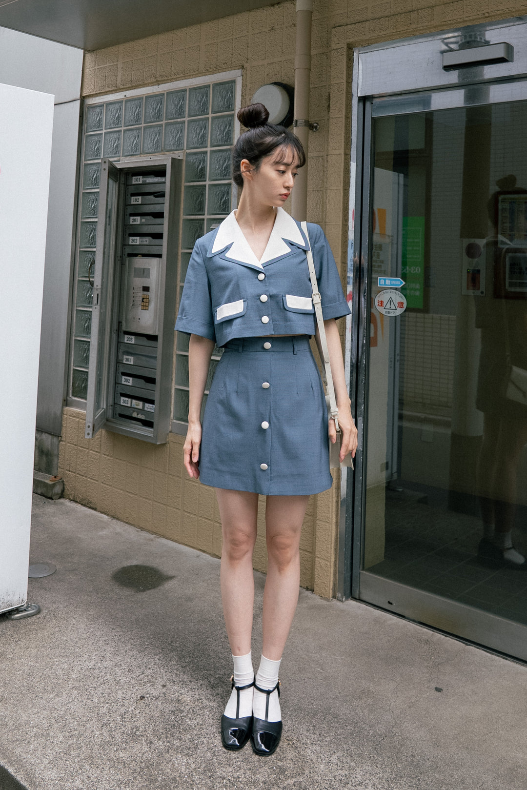 《超能力者のニコル》ボタンダウンハイウエストチェックスカート-Blue
