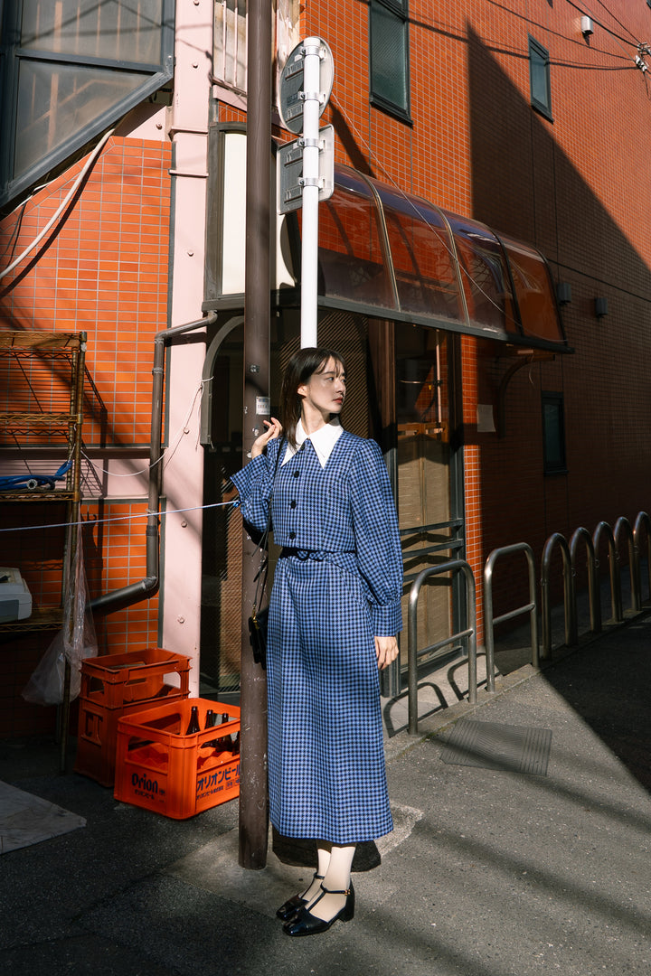 《缶切りが行方不明》2wayチェッククロップドトップス-Blue