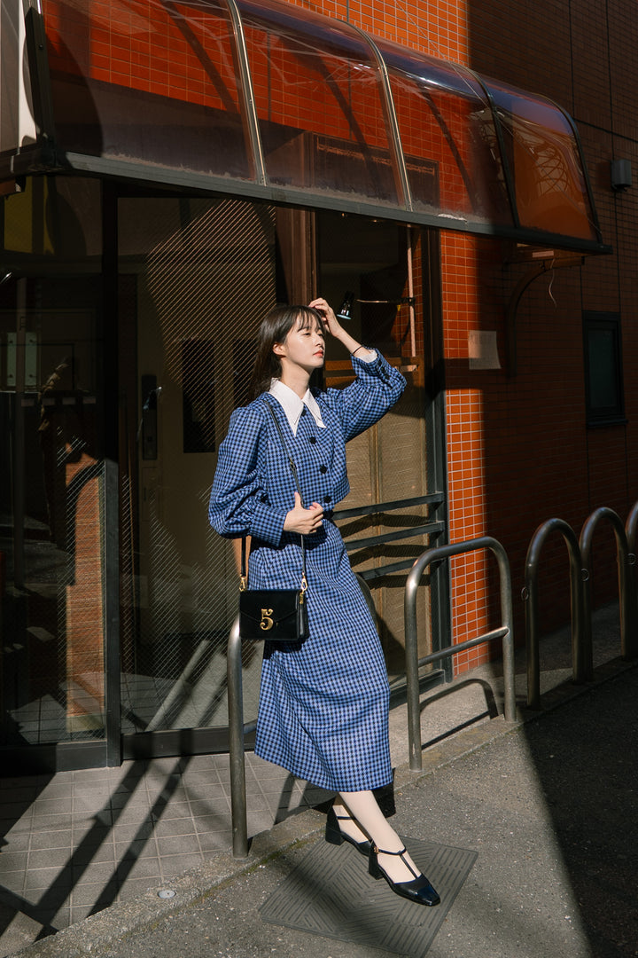 《缶切りが行方不明》2wayチェッククロップドトップス-Blue