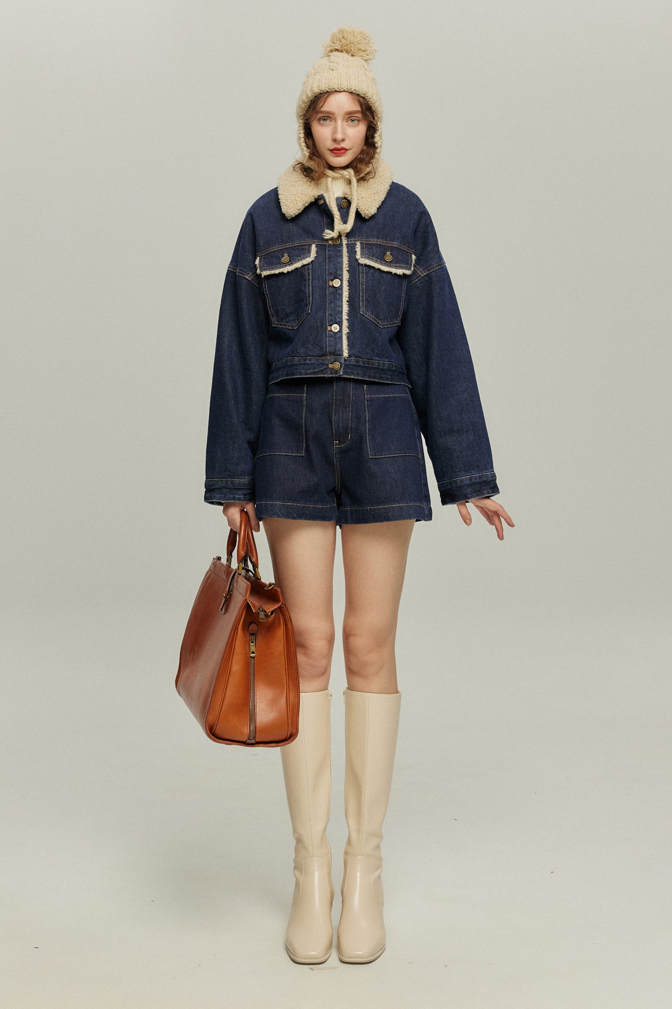 《犬のバルーンアート》ボアデニムジャケット-Navy