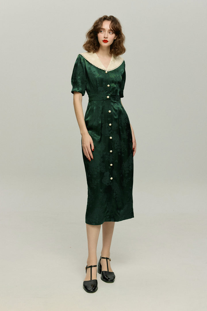 《一籠の包子は何個？》レーストリムジャガードワンピース-Green