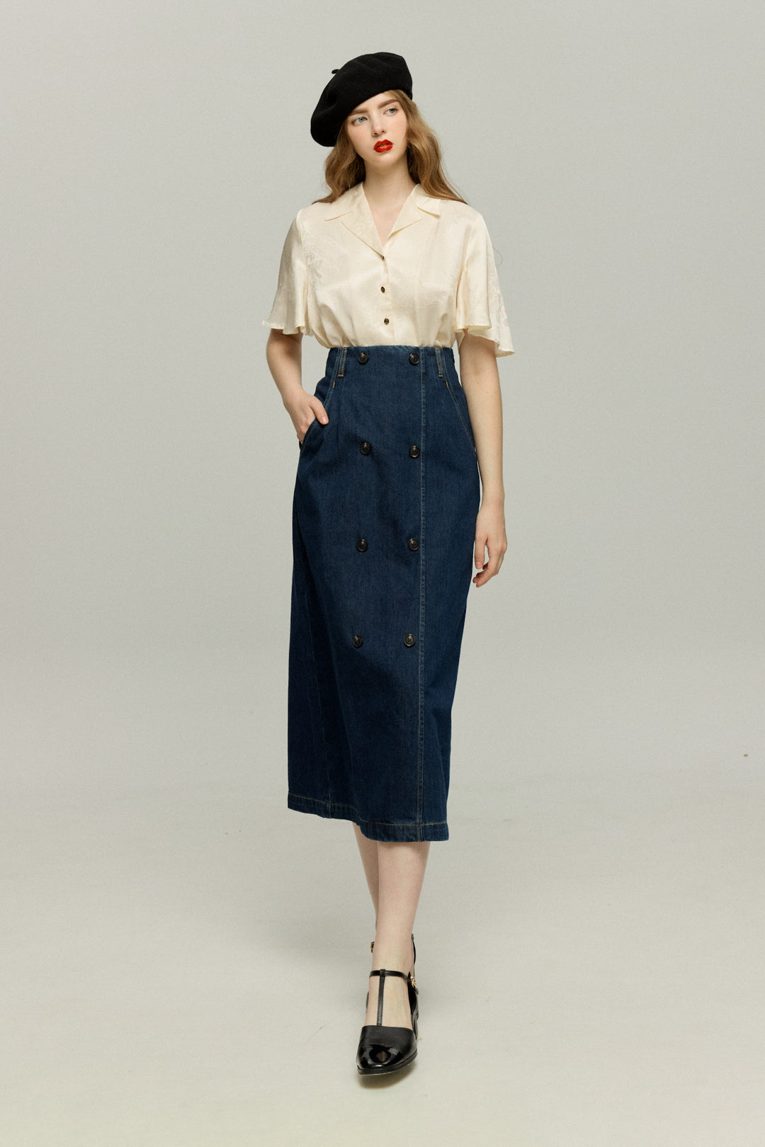《犬九匹まとめてお散歩中》ダブルブレストハイウエストデニムスカート-Navy