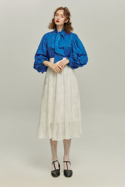 《ソファーにワックスする日》バルーンスリーブリボンタイトップス-Blue