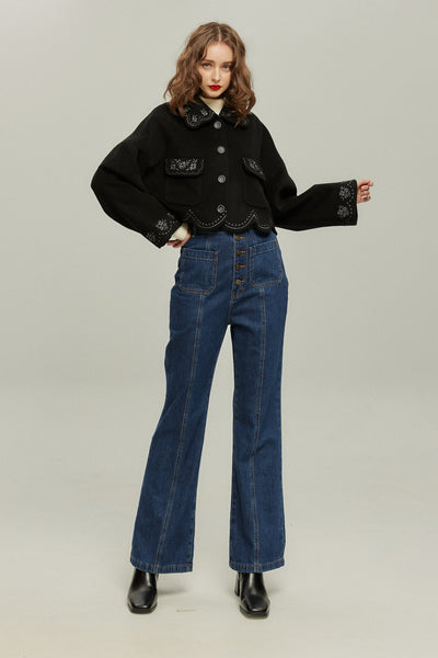 《蝶々になってしまった》スカラップデザインコート-Black