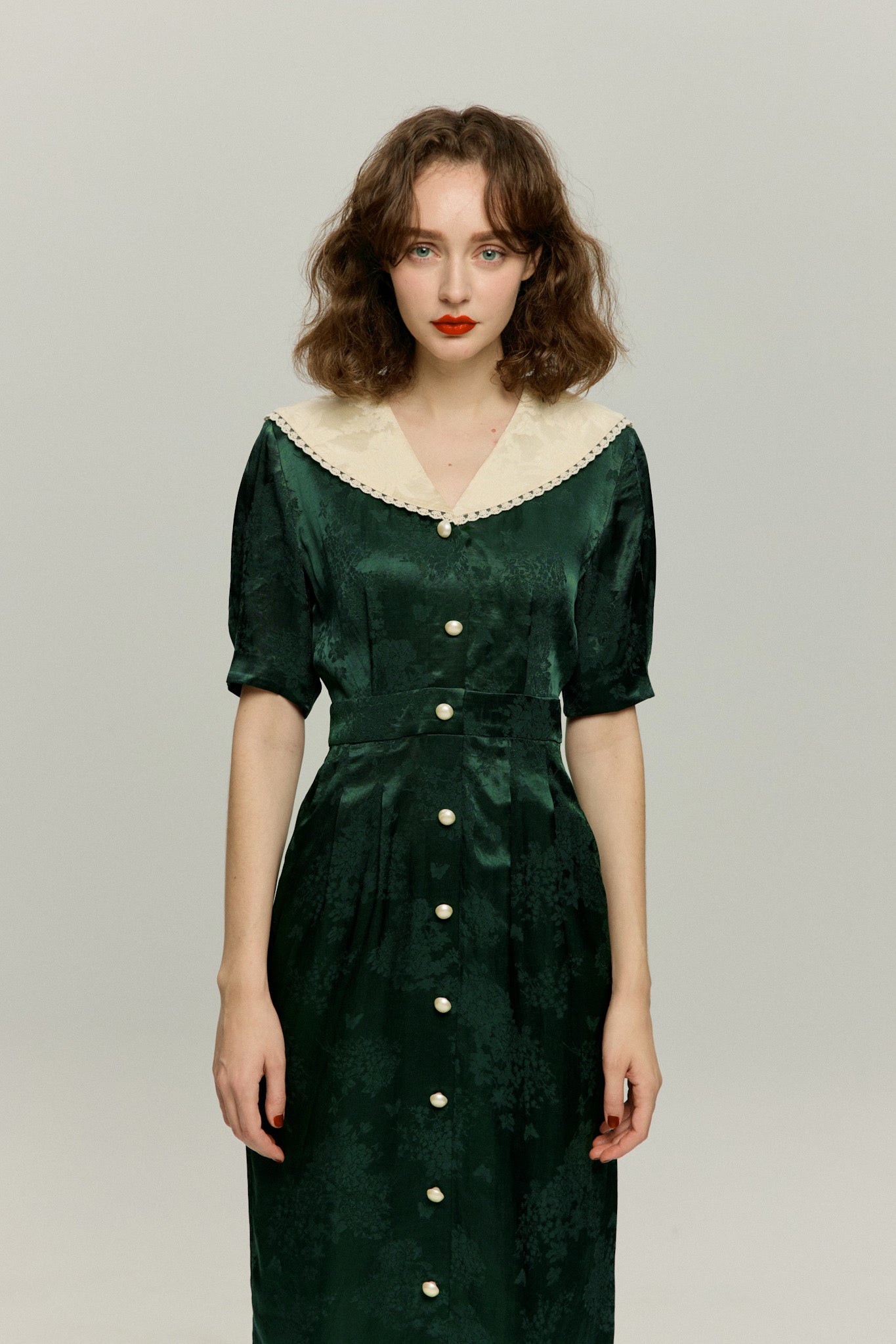 一籠の包子は何個？》レーストリムジャガードワンピース-Green – Tnewties