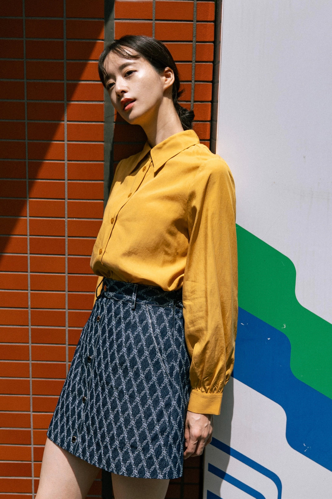 《ナプキンの正しい折り方》格子柄デニムスカート-Navy