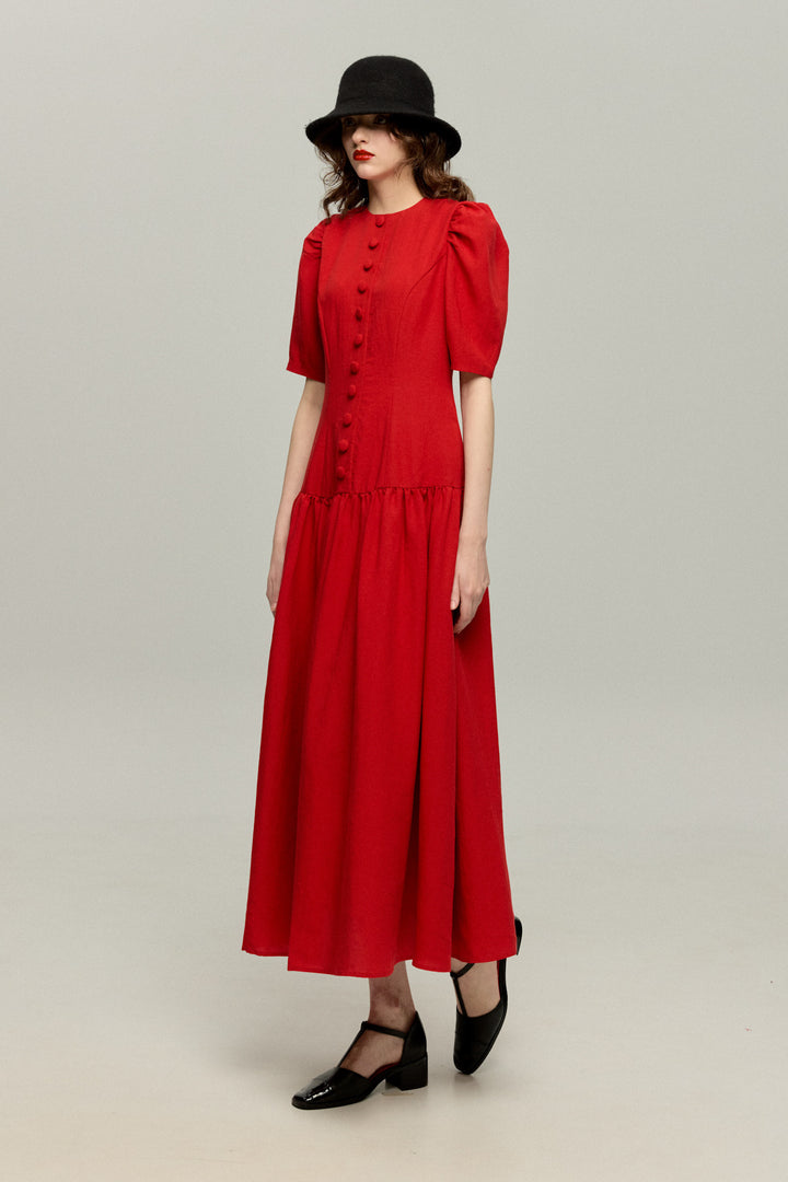 《お耳が長い動物って？》ハイウエストデザインドレス-Red