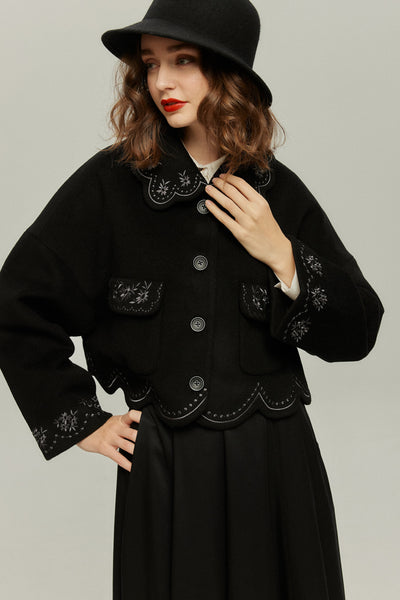 《蝶々になってしまった》スカラップデザインコート-Black