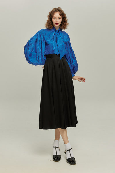 《ソファーにワックスする日》バルーンスリーブリボンタイトップス-Blue