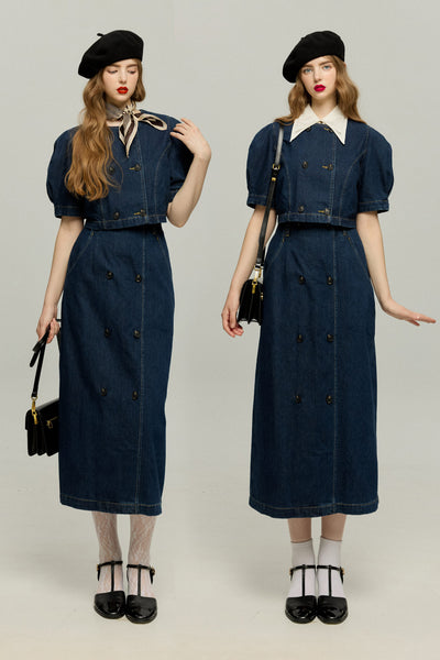 《犬九匹まとめてお散歩中》ダブルブレストハイウエストデニムスカート-Navy