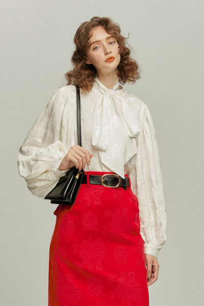 《ソファーにワックスする日》バルーンスリーブリボンタイトップス-White