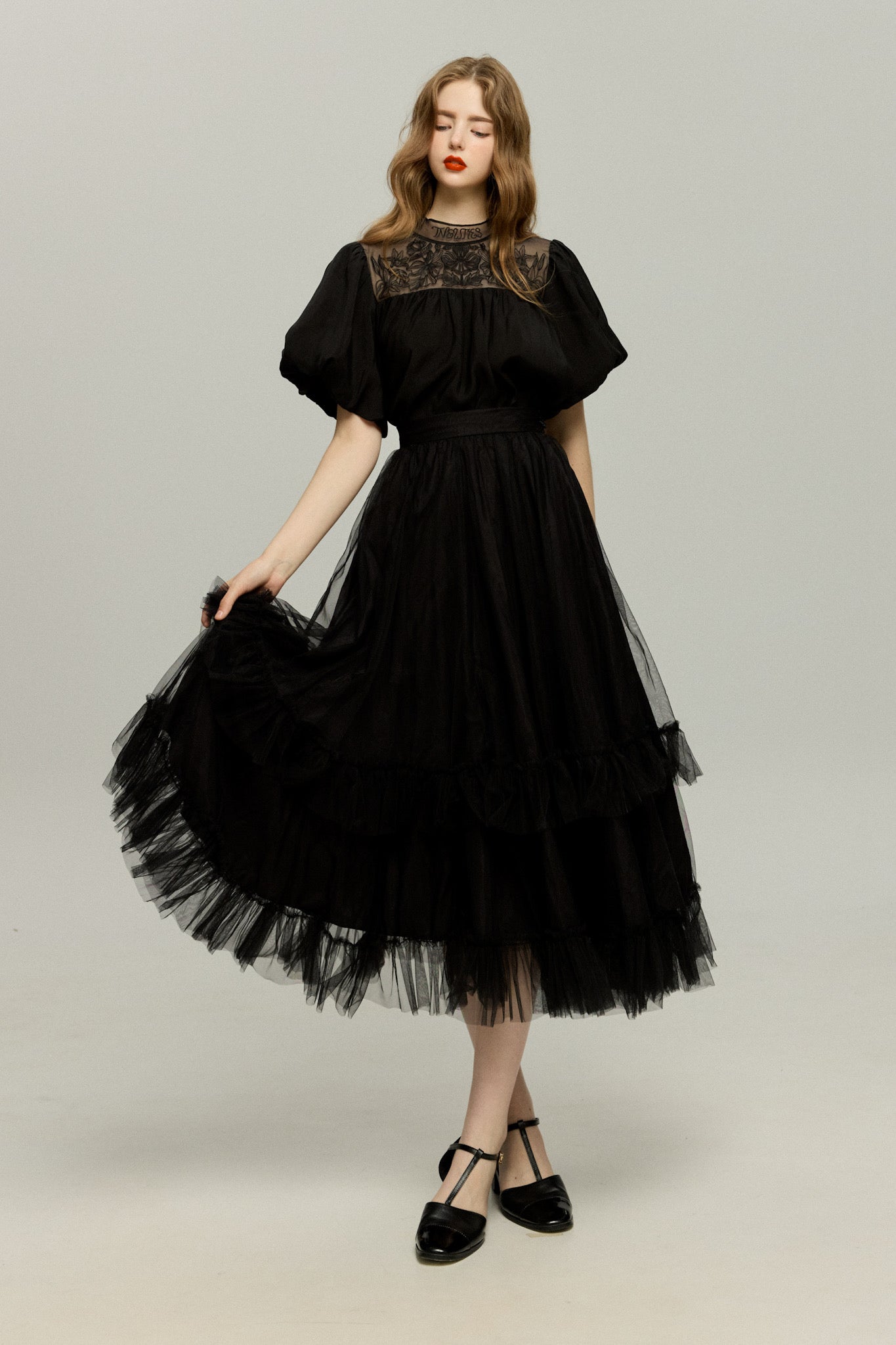 THE TOE 黒いチュールフリルスカート 実は私300歳》チュールフリルハイウエストフレアスカート-Black – Tnewties