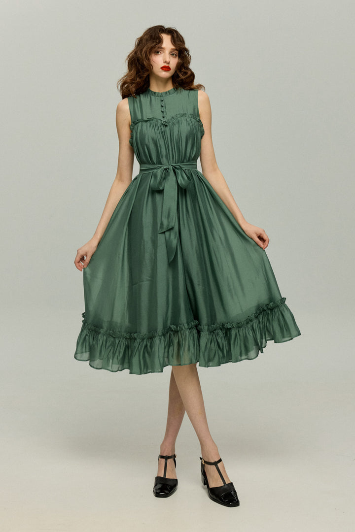 《キラキラ輝く湖面に》ラッフルトリムドレス-Dark green