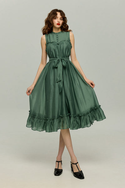 [On the sparkling lake surface] Ruffle trim dress-Dark green