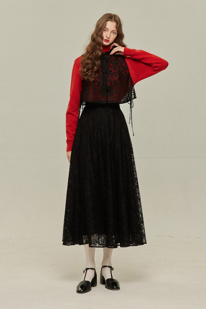 [Existing for 100 years] High waist flare lace skirt-Black