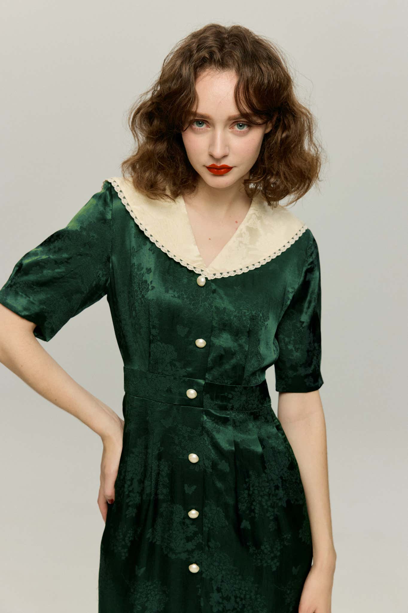 一籠の包子は何個？》レーストリムジャガードワンピース-Green – Tnewties
