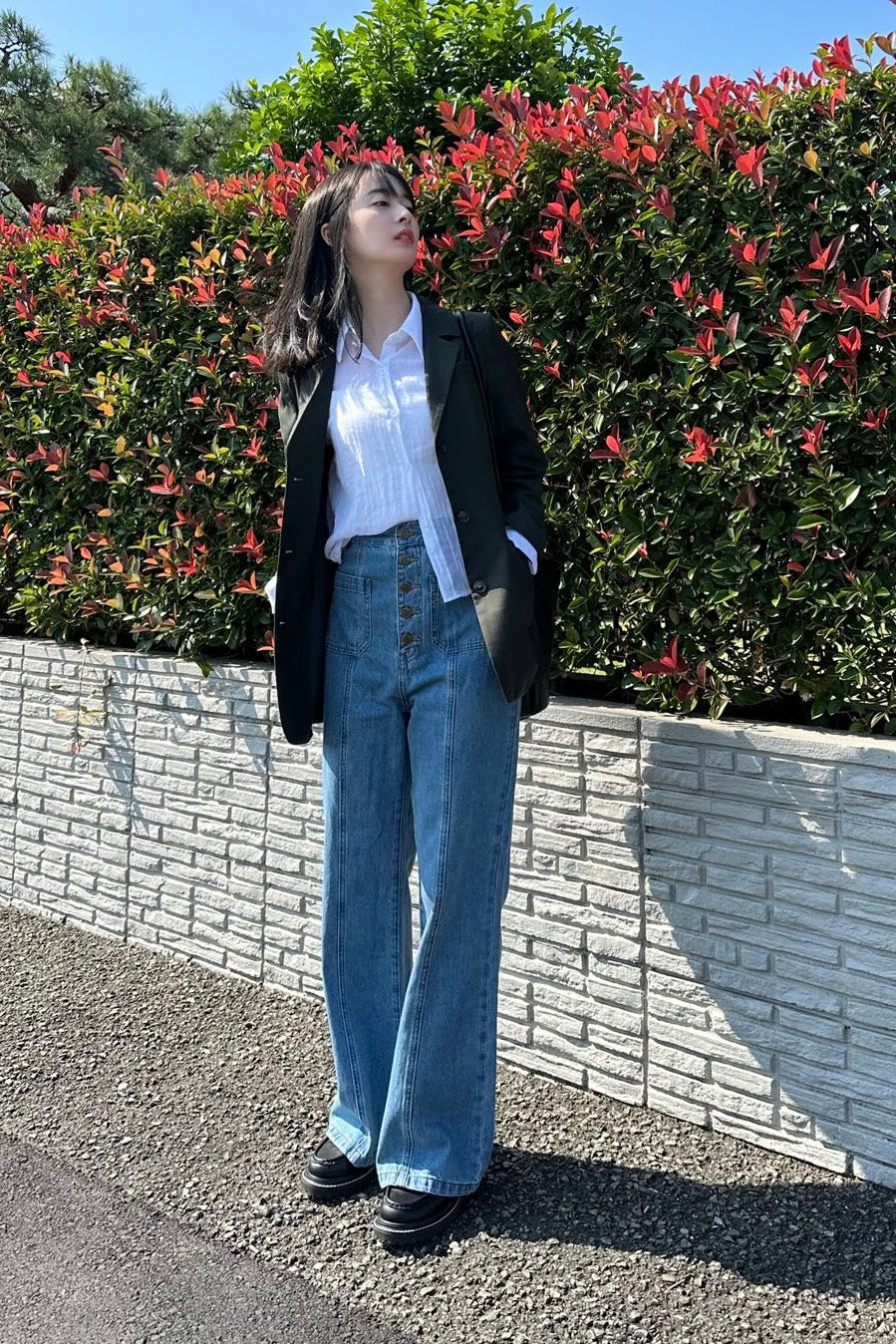 《Annie singing while taking a bath》 High waist front button denim pants-Blue