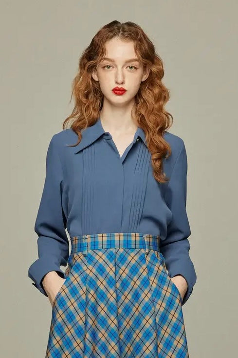 フランス語は話せますか？》ピンタックブラウス-Gray Blue – Tnewties